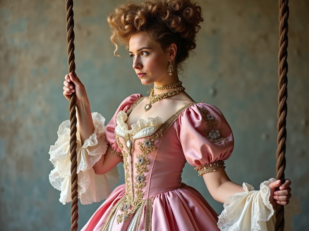 The image showcases a person dressed in stunning 18th-century attire. She wears an elaborate pink dress, decorated with intricate floral patterns and lace embroidery, along with puffed sleeves and a fitted bodice. Her hair is styled voluminously, typical of the era, giving her a regal look. She stands beside a swing, gripping its chains gently as if caught in a thoughtful moment. The neutral and textured background serves to emphasize the beauty of her clothing and the elegance of her pose. This scene transports viewers back to a luxurious and leisurely time.