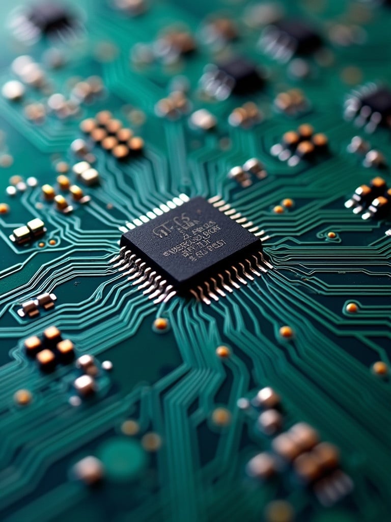 Close-up view of an electronic circuit board. The image showcases detailed traces on a PCB. The microchip is positioned at the center. Perfect for electronics-related content.