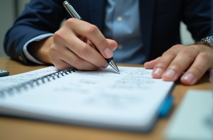 A person writing notes in a spiral-bound notebook with a pen.