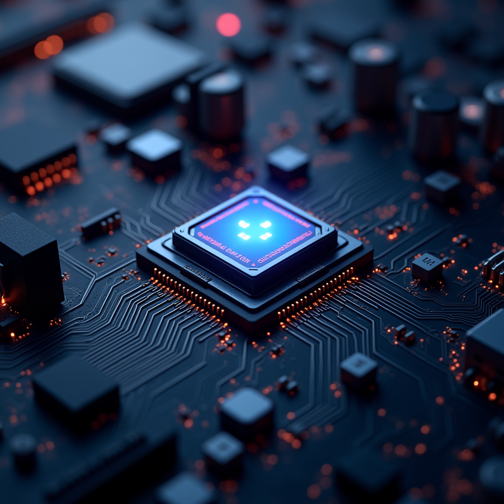 A central microchip with a blue glow, surrounded by intricate circuit paths and various components on a dark circuit board.