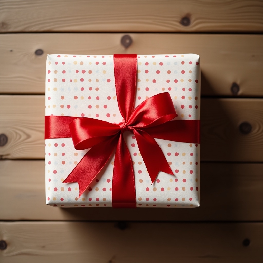 Neatly wrapped gift with red ribbon and polka dot paper. Gift lies on wooden surface. 