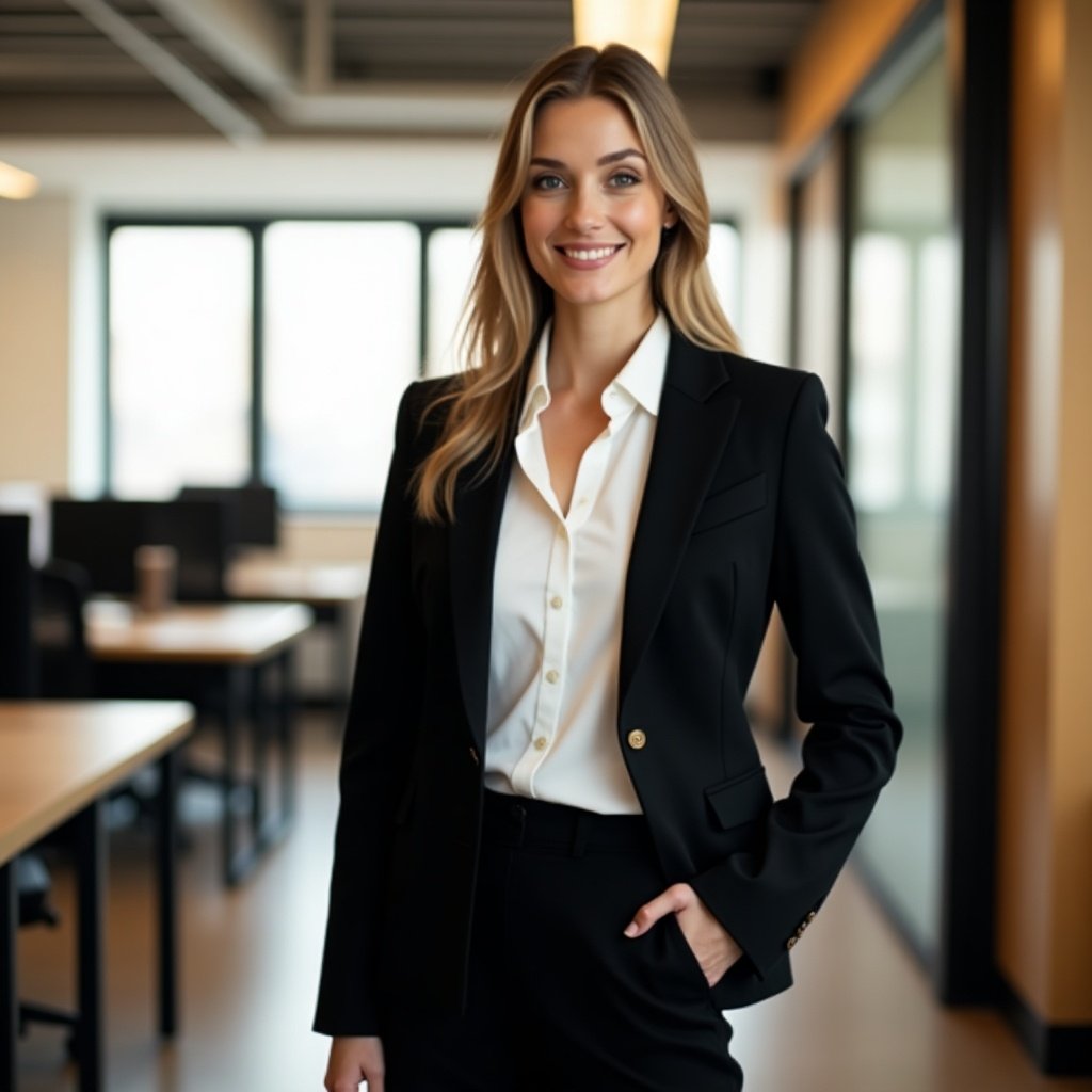 Woman stands confidently in office. She wears black suit and white shirt. One hand in pocket and one by her side. Modern office background with desks.