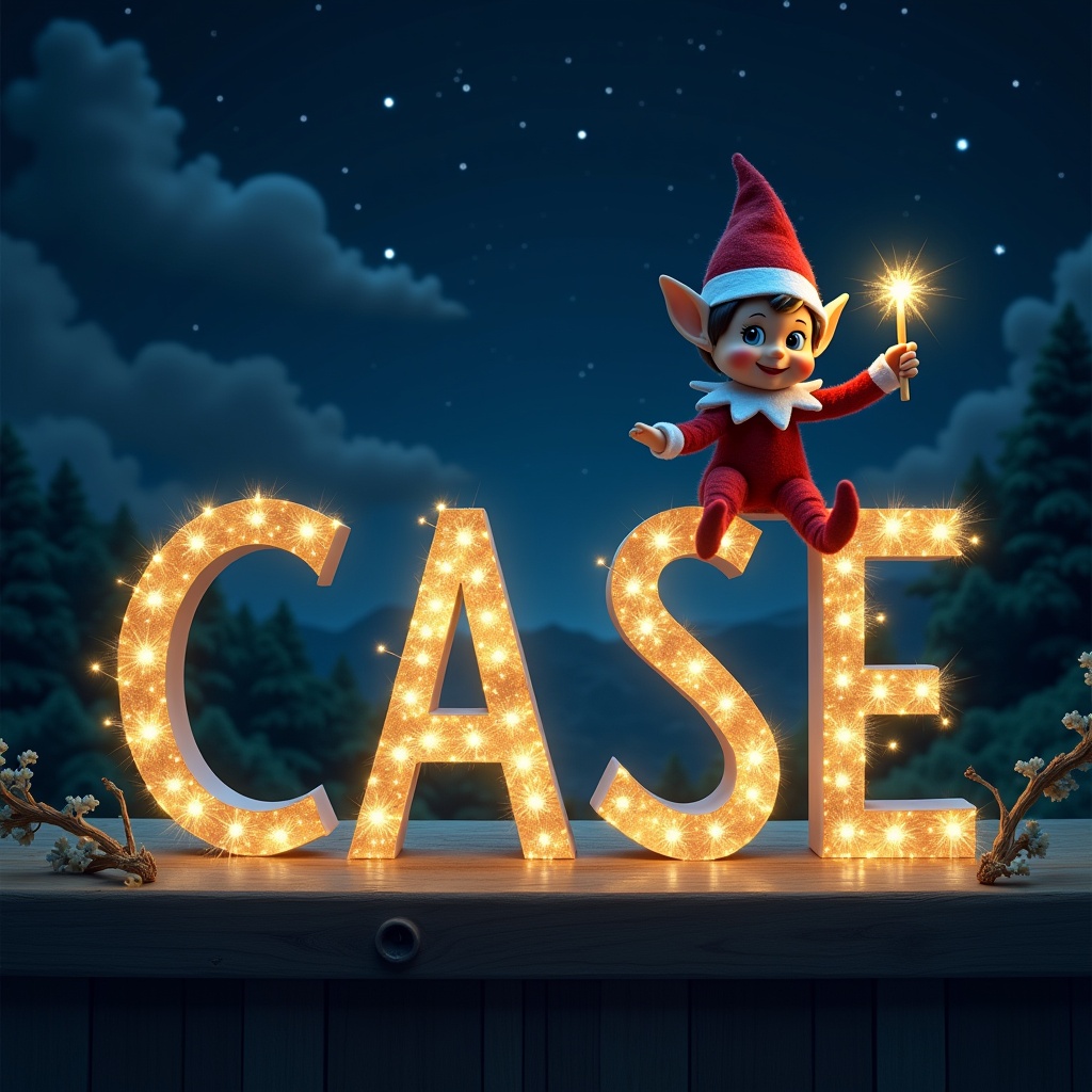 Elf holds a wand. The name written in sparkling letters. Name is Case. Background features a starry night sky. Dark clouds enhance luminous text. The elf on the shelf adds to the scene. Atmosphere is whimsical.