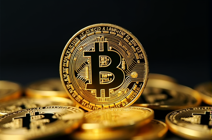 A stack of Bitcoin coins, with a prominent coin displaying its iconic symbol in sharp focus against a dark background.