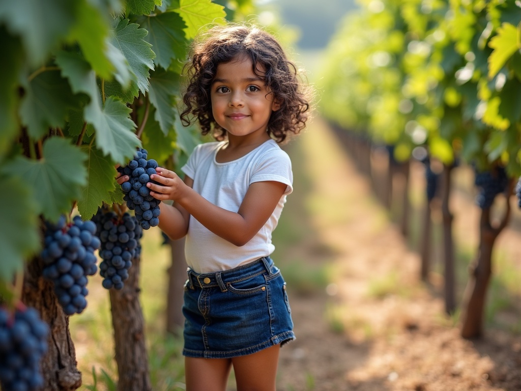 A girl stands beside a vine and checks the grapes. She is a winegrower and looks at the viewer. The girl wears a short white top, dark blue skirt, and pink socks. Dark brown curly hair frames her face. Late summer sun gives a warm glow. The scene shows green vines and earth.