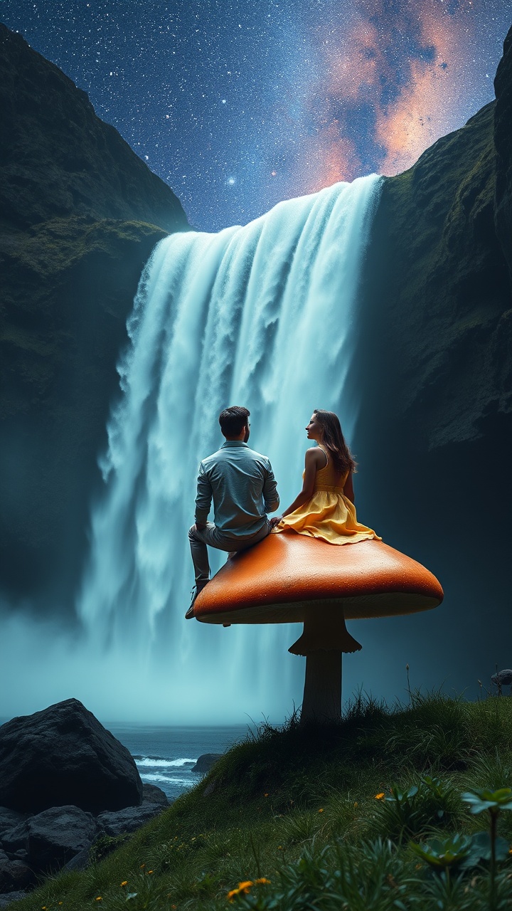 In a surreal landscape, a couple sits perched atop a giant mushroom, gazing at a majestic waterfall under a starry night sky. The scene is dreamlike with the Milky Way stretching across the sky, casting a soft glow over the rushing water. The juxtaposition of the oversized mushroom and the natural beauty of the waterfall creates a fantastical, whimsical atmosphere.