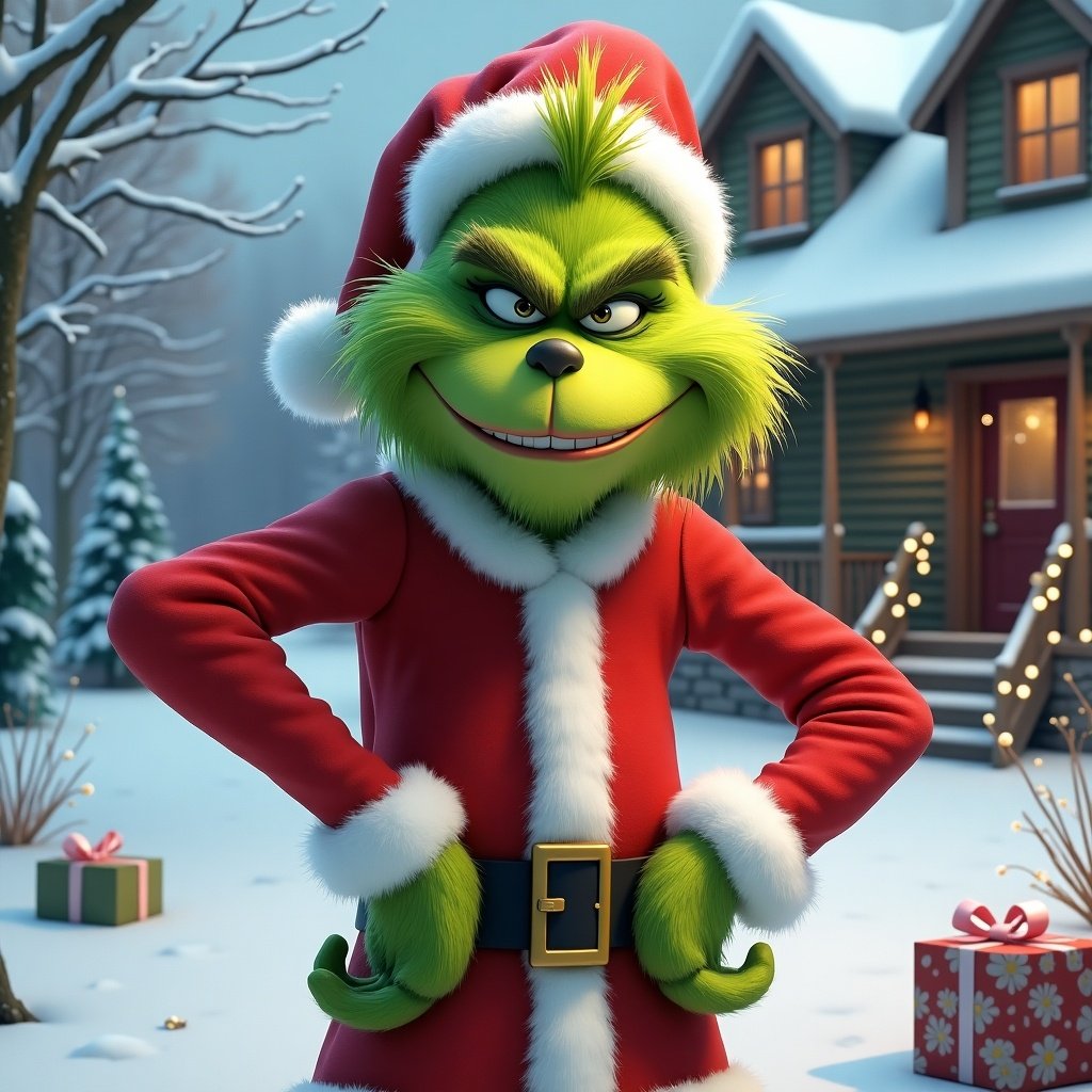 The Grinch, a well-known character from Dr. Seuss's story, is portrayed wearing a classic Santa outfit. His green skin and mischievous smile show his playful nature. The background features a snowy landscape with a cozy house adorned with festive decorations. There are hints of Christmas with wrapped gifts and a peaceful winter atmosphere. This character embodies the spirit of the holidays while also bringing a sense of fun and mischief.