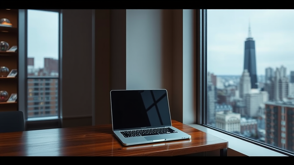 A sleek laptop sits on a wooden desk near a large window overlooking a city skyline with a prominent skyscraper.