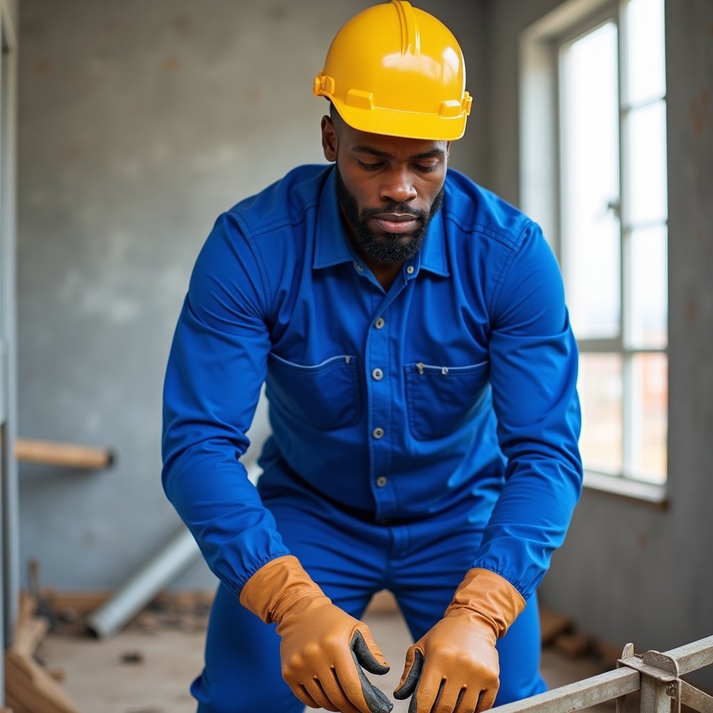 Blue collar worker wearing royal blue coveralls. Worker is using tools on a construction site. PVC brown gloves are worn. Window provides light to the scene.