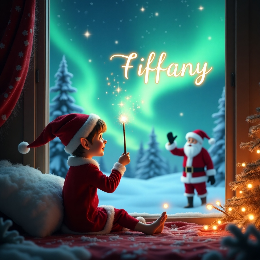 A joyful elf character at a cozy window during Christmas. Elf has a festive outfit and uses a wand to write 'Tiffany' in the sky. Breathtaking northern lights illuminate the scene. Santa Claus visible in the background. A peaceful winter wonderland with snow-covered trees and a glowing ambiance.