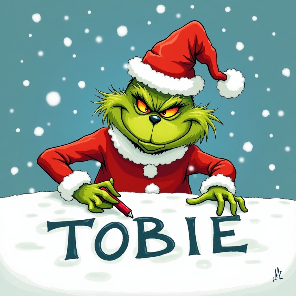 The Grinch writes TOBIE in the snow. He wears a Santa hat and coat. Snowflakes fall in the background. The scene is festive and playful.