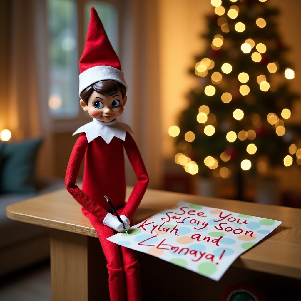 The image features an Elf on the Shelf doll sitting at a table. The elf is dressed in a classic red and white outfit, looking cheerful. In front of the elf is a colorful piece of paper with a handwritten message that reads 'See You Soon Kylah and Lanaya!'. The background shows a beautifully lit Christmas tree with soft bokeh lights, enhancing the festive spirit. The overall scene is warm and inviting, ideal for capturing the essence of holiday cheer.