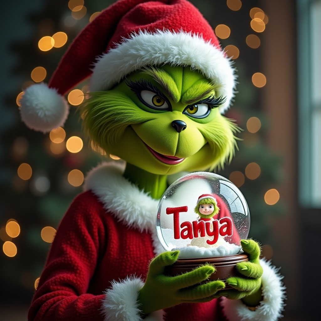 Grinch wearing Christmas outfit holding a snow globe with the name Tanya