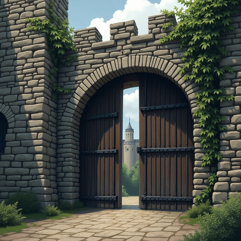 Open wooden gates of a medieval castle. Stone walls surround the entrance. Lush greenery grows around the structure. A distant castle tower is visible.