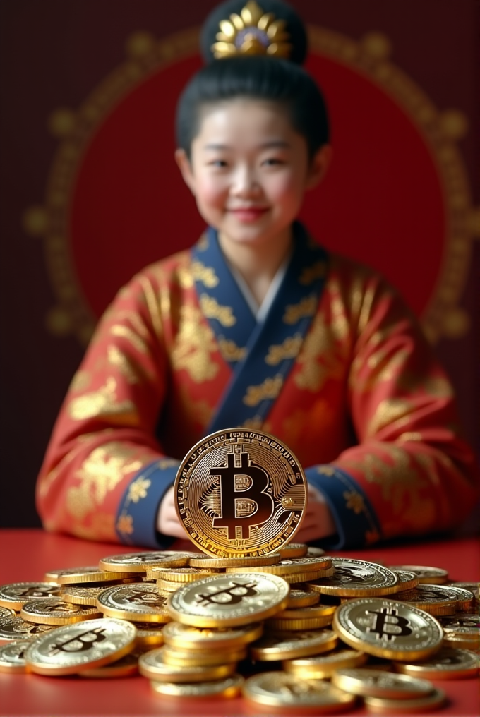 A person in traditional attire smiles behind a pile of shiny Bitcoin coins.