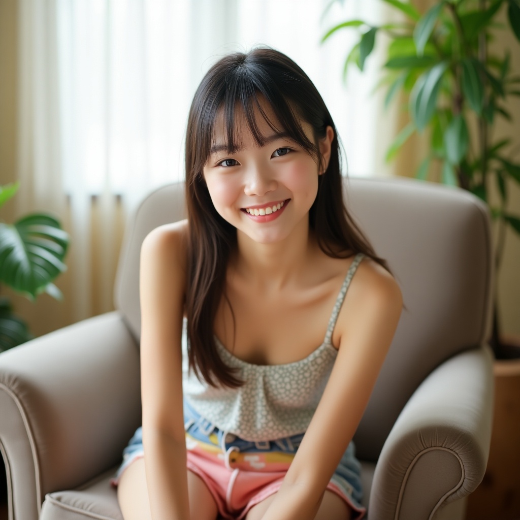 The image features a cute Japanese girl smiling while seated in a chair. She is wearing a sleeveless top and shorts, exuding a relaxed and friendly vibe. The background includes indoor plants that add a touch of greenery to the scene. The lighting is soft and natural, highlighting her cheerful expression. The composition focuses solely on her front view, capturing the essence of casual elegance in a homely setting.