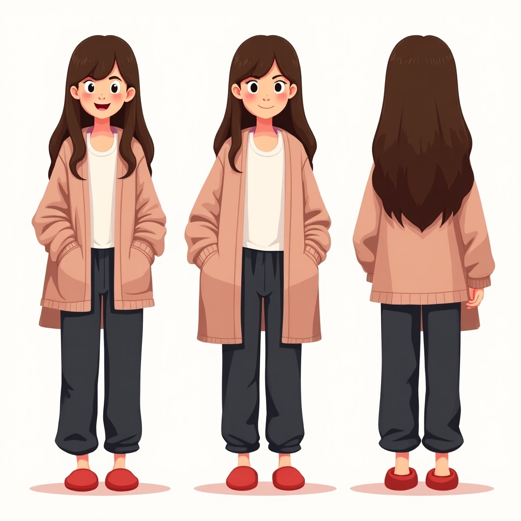 This image features a cheerful cartoon style character turn-around sheet. The character has long brown hair with bangs and wears comfy dark pyjama pants with a band shirt. She pairs her outfit with a blanket and fluffy red slippers. The sheet presents her in three views: front, side, and back. The artwork highlights her creative personality and chill at-home outfit, making it a versatile design reference for various creative projects.