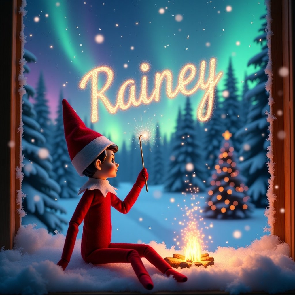 An enchanting scene of a red elf on the shelf in a snowy forest. The elf sits on a windowsill, gazing up at the night sky. Using its wand, the elf writes the name 'Rainey' in twinkling letters. Sparkling snowflakes fill the air, creating a magical atmosphere. In the backdrop, the northern lights paint the sky in vibrant colors, highlighting a Christmas tree nearby. A cozy campfire crackles, casting a warm glow across the snowy landscape.