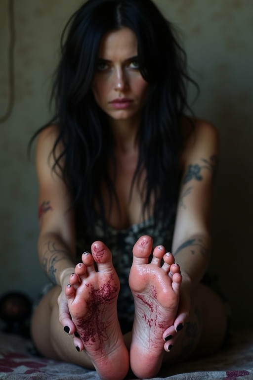 Mature goth woman has long black hair. She shows wounds on her bare feet. Person sits with bare feet exposed. Focus on detailing of injuries. Ambience suggests a dark and introspective setting.