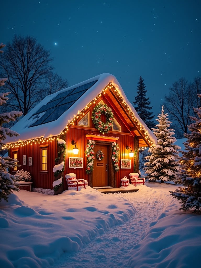 A cheerful scene at Santa's Workshop. The workshop has solar panels on the roof. Lights inside and decorations outside are powered by solar energy. It represents eco-friendly energy use in a festive atmosphere.