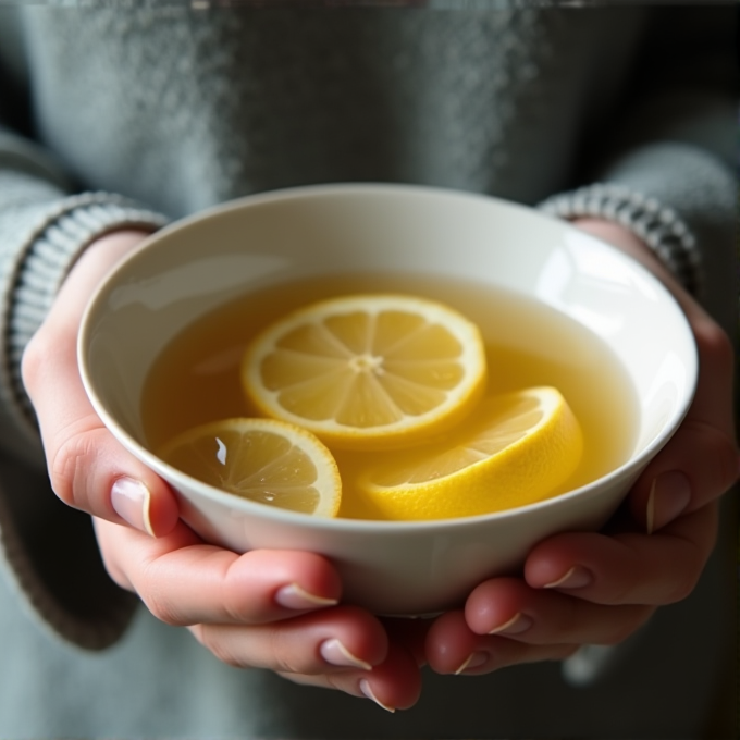 A person holds a bowl filled with warm lemon-infused water, slices of lemon visible, with a focus on the hands and bowl.