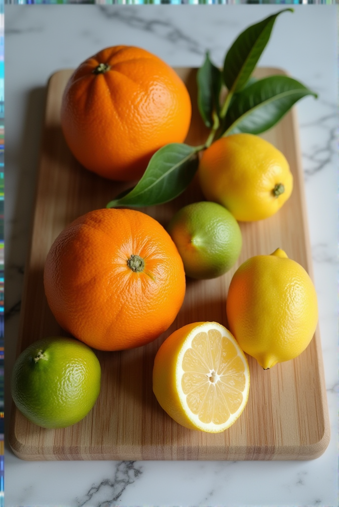 The image shows oranges, lemons, and limes on a wooden cutting board with green leaves.