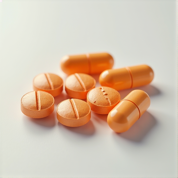 An arrangement of orange pills and capsules on a smooth, light surface.