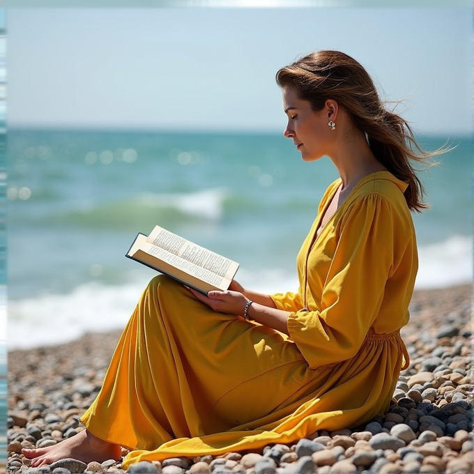 A woman in a yellow dress is reading a book while sitting on a pebble beach by the ocean.