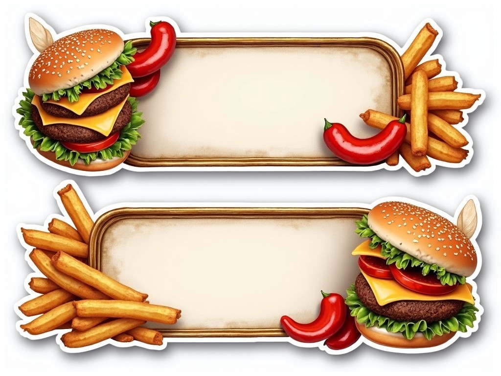 This image features two narrow, horizontally stacked frames adorned with food art. Each frame showcases a vibrant hamburger with layers of beef, cheese, and fresh toppings, alongside crispy fries and ketchup. The outer design is accented with golden and silver lines, set against a white background, enhancing the overall appeal. The artistic style employs hyperrealism, oil paint, and colorful watercolor techniques. The sticker is designed to grab attention with its texture and structure, encouraging viewers to engage with the charming depiction of fast food.