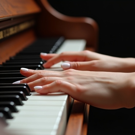 Image features a woman's feet over piano keys. Feet are elegantly positioned with white toenail polish. The piano is visible in the background. Focus is on the visual harmony of feet touching piano keys. The angle is side view, capturing the interaction without showing hands.