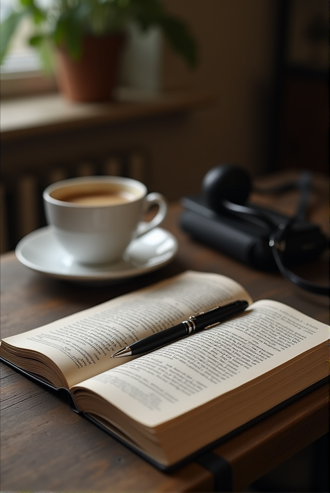 An open book with a pen lies on a wooden table beside a cup of coffee and headphones.