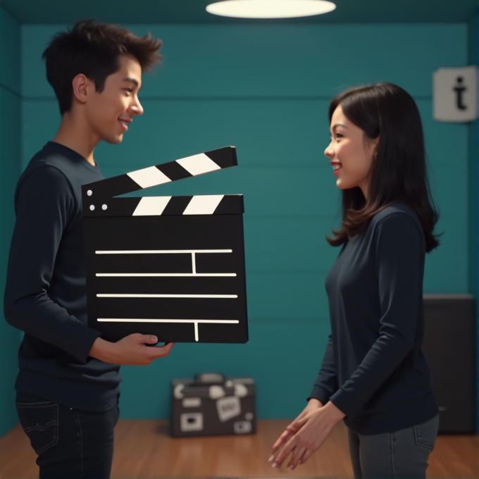 A man and woman in a blue room share a moment with a large clapperboard, smiling warmly at each other.