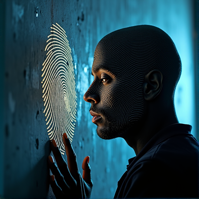 A person with a fingerprint pattern projected onto their face is touching a large illuminated fingerprint on a wall.