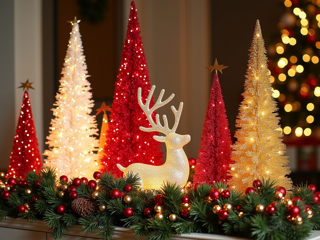 The image features an array of beautifully decorated Christmas trees in red, gold, and white colors. A shimmering, lighted deer adds a charming centerpiece to the display. Surrounding the trees is a lush garland adorned with rich red ornaments, berries, and pine cones, enhancing the festive feel. The warm lights create a cozy atmosphere, making it reminiscent of holiday cheer. This arrangement captures the essence of Christmas celebrations, perfect for enhancing any festive decor.