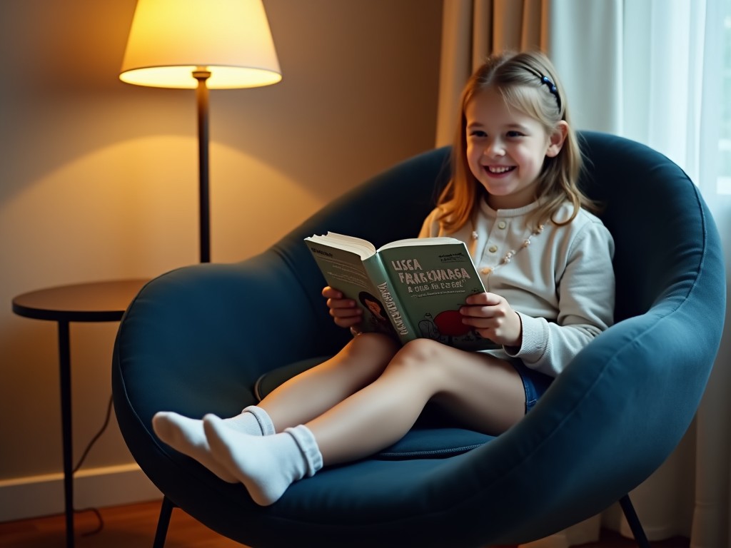 A girl is sitting comfortably in a dark blue round chair, holding a book with an amusing title. She has a joyful expression, clearly enjoying her reading time. The soft fabric of the chair invites relaxation, supported by a sturdy metallic frame. Her feet are planted on the floor in a relaxed posture, showcasing her comfort. A small lamp beside her emits a warm glow, enhancing the cozy ambiance of this reading corner.