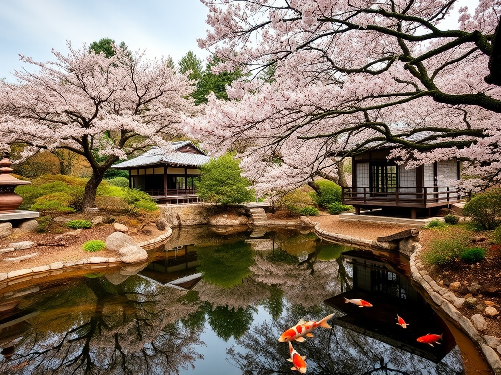 The image depicts a tranquil Japanese garden filled with blooming cherry blossom trees. A serene pond reflects the delicate pink blossoms and a small wooden pavilion, while vibrant koi fish swim gracefully beneath. The scene is infused with a sense of peace and natural beauty, evoking a feeling of calmness and introspection.