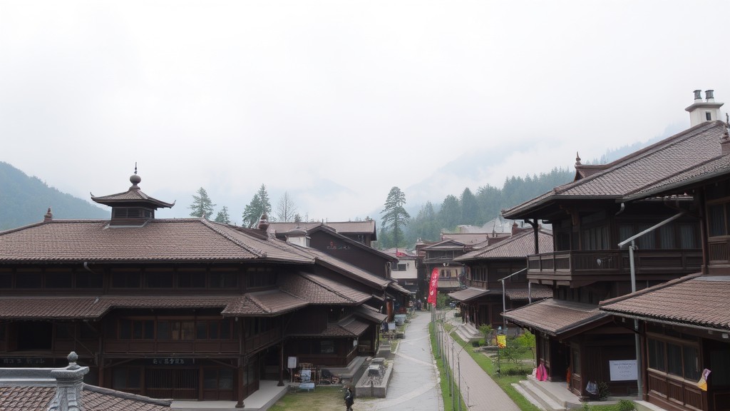 A misty mountain village with traditional architecture surrounded by fog and trees.