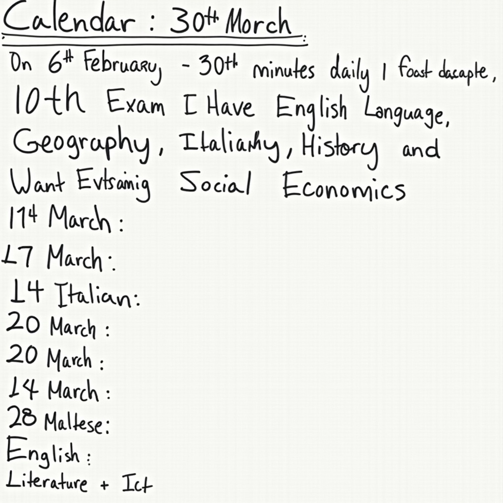 This image is a study calendar detailing important dates and subjects for preparation. It includes exams for Math, English, Geography, History, Italian, Maltese, Physics, and English Literature throughout March. The user aims to dedicate 30 minutes daily for studying, with sessions planned for the afternoon. The focus is on specific subjects, particularly Maltese, Maths, Physics, and English Literature. The calendar starts in December, highlighting the importance of consistent study. This organization helps manage time effectively leading up to exams.