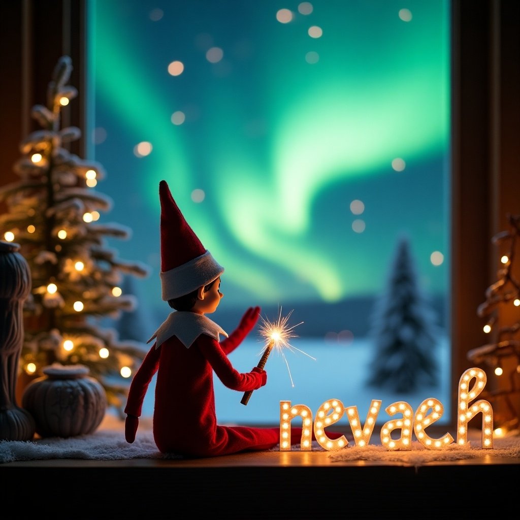 An enchanting Christmas scene featuring an elf on the shelf. The elf is dressed in red and white, with his back to the viewer. He holds a magic wand, writing 'Nevaeh' in glowing letters. The backdrop showcases beautiful northern lights, creating a magical atmosphere. This scene embodies the spirit of Christmas and captures a sense of wonder and joy. It's a whimsical representation of holiday traditions and excitement.