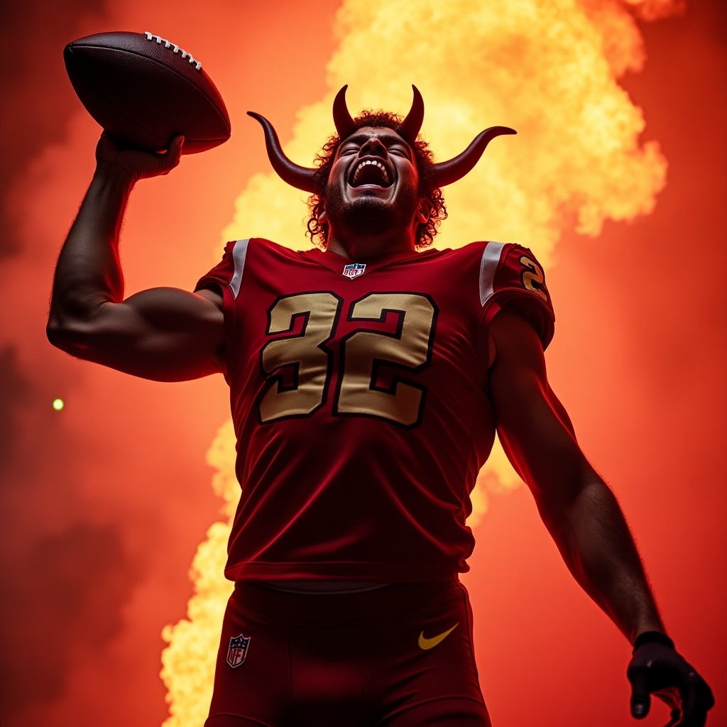 Athlete in red jersey celebrates holding football. Flames erupt behind. Strong pose with intense expression. Highlighting sports culture. Dramatic lighting effects.