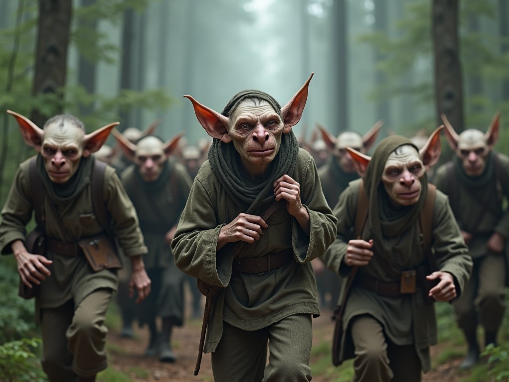 A horde of weary goblins with worn clothes is seen trudging through a fog-laden forest. The goblins have exaggerated features, including large ears and expressive faces. They wear tattered garments that reflect their rugged lifestyle. The background is filled with tall trees and a mysterious mist that adds to the foreboding atmosphere. Their expressions convey exhaustion but also determination as they move forward through the dense woods.