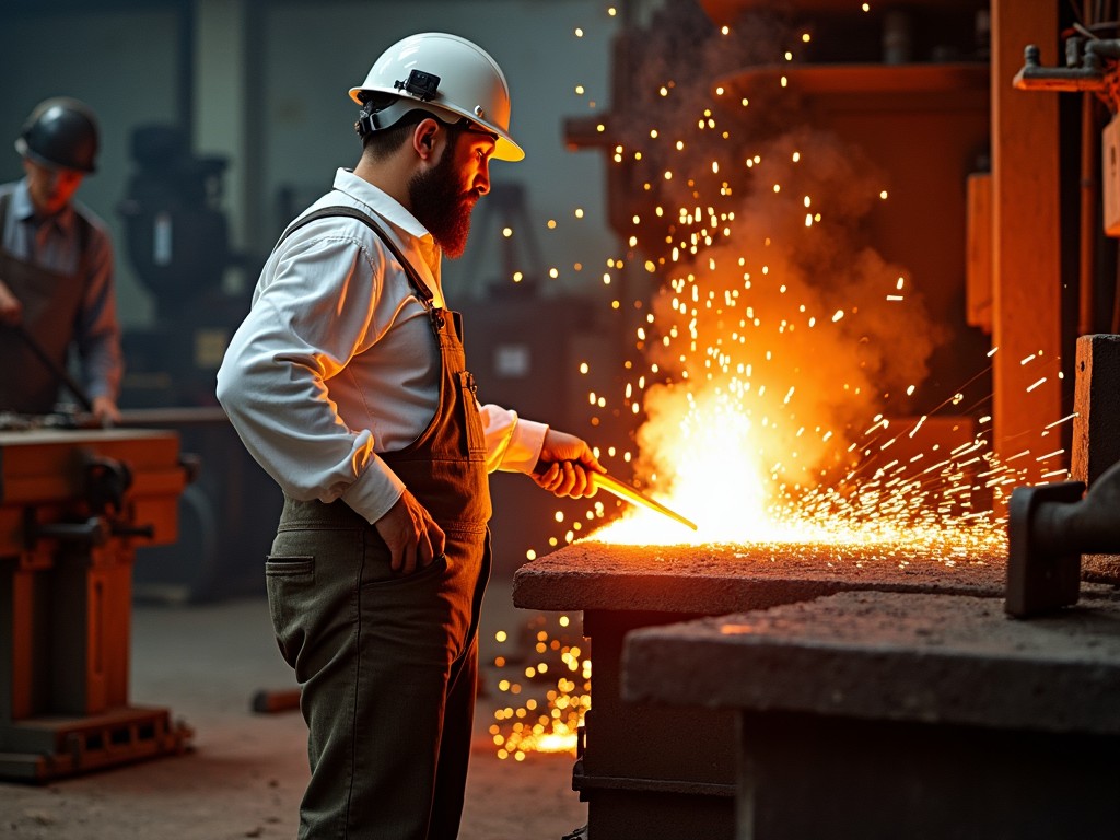 The image depicts a blacksmith in an industrial workshop, skillfully working with molten metal. He wears a safety helmet and protective gear, highlighting the importance of safety in such environments. Sparks fly around as he skillfully shapes the hot metal with a rod. The warm orange glow contrasts against the darker workshop surroundings, creating a captivating visual. In the background, other workers can be seen, contributing to the industrious atmosphere. The scene encapsulates the age-old craft of metalworking, showing both artistry and labor.