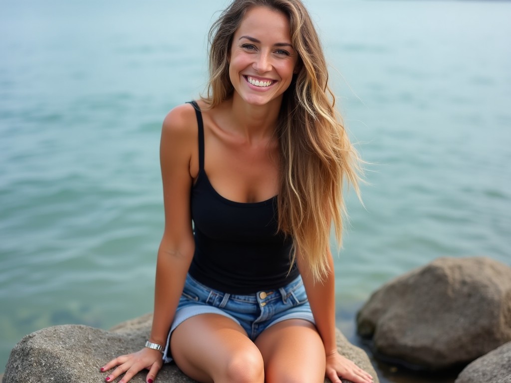 A smiling woman in a black tank top and shorts, seated on rocks by the water, with long hair blowing gently in the wind