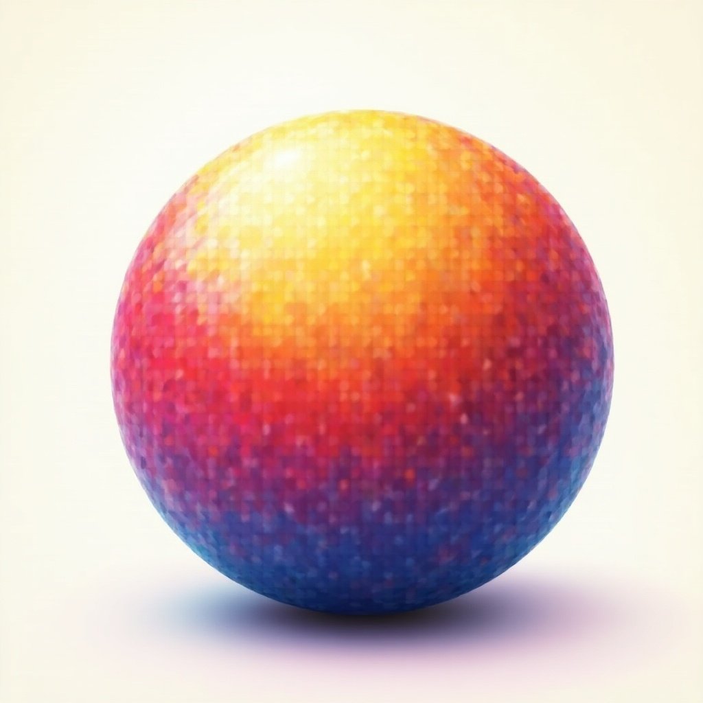 A vibrant sphere with a colorful gradient. The sphere shows a pixelated texture with red, orange, yellow, blue, and purple. The lighting is soft and gives a glow effect.