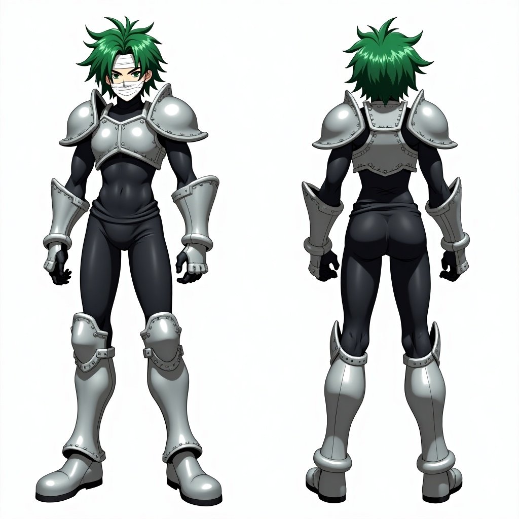 Anime mercenary tomboy with green hair in three views. Character wears metal silver shoulder pads and chestplate over a black shirt. Wears metal gauntlets and knee pads.