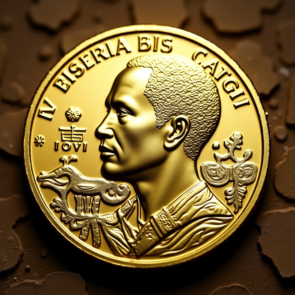 Image of a gold coin from Kenya, featuring detailed engravings and inscriptions. A shiny gold surface reflects light.