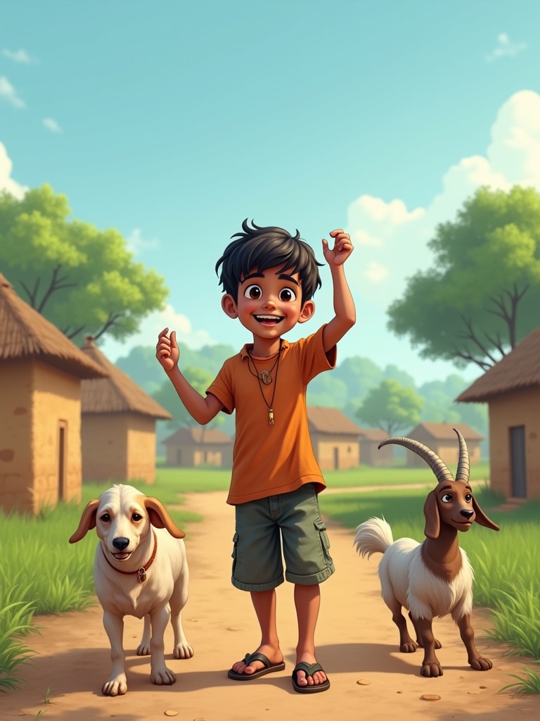 A teenage boy plays joyfully with a dog and a goat in a rural village. The setting includes traditional mud houses and green fields. The sky is bright and clear. The boy wears casual clothes. The atmosphere is warm and simple.