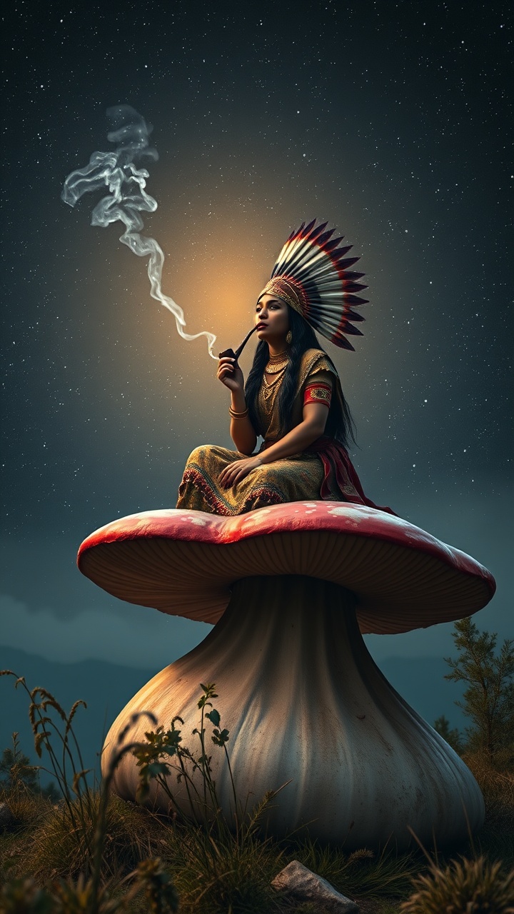 In the image, a woman wearing a traditional headdress is seen sitting atop a large, vividly colored mushroom. She is exhaling smoke into the night sky, which is speckled with stars. The scene is illuminated with a warm, glowing light, creating a mystical and serene atmosphere that hints at fantasy and folklore.