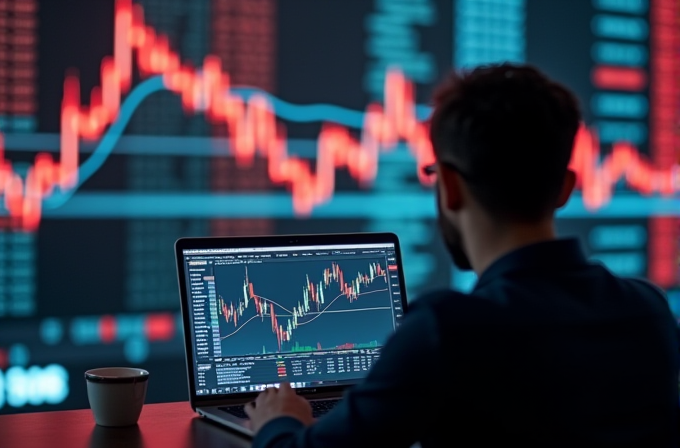 A person is analyzing stock data on a laptop with a large display of financial graphs in the background.