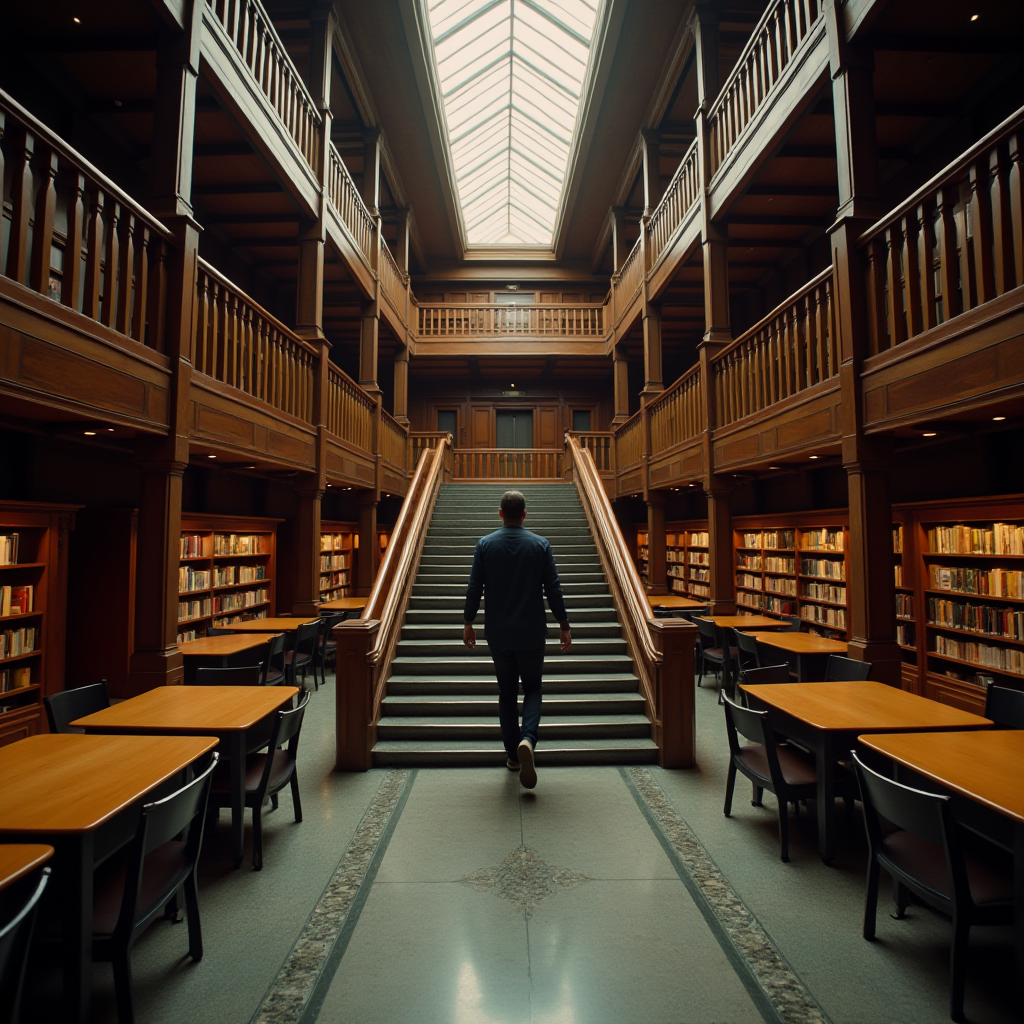 A lone figure ascends a grand central staircase in a beautifully lit, multi-story library with wooden balconies and rows of bookshelves.